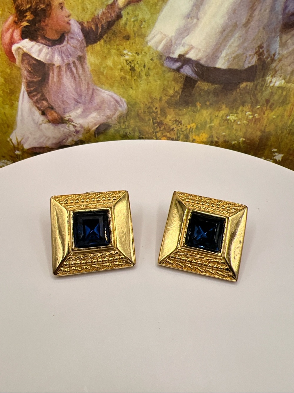Vtg Monet Sapphire Blue Rhinestone Gold Tone Geometric Statement Earrings signed